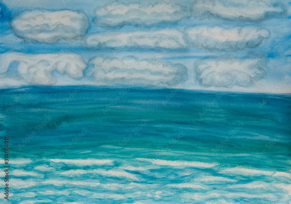 Seascape with clouds, illustration watercolor