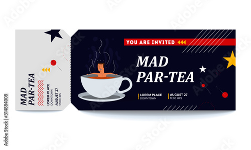 Tea/Chai Party Template. Vector illustration of a man taking bath and relaxing in tea cup. Tea Party Vector Tickets Template. You are Invited Ticket for entrance to the event.