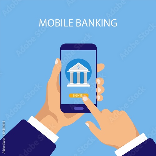 Mobile banking concept. Money transaction, business and mobile payment. Businessman holds a phone and signs in app. Vector illustration in a flat trendy style.	