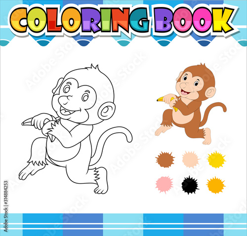 coloring book monkey holding banana cartoon