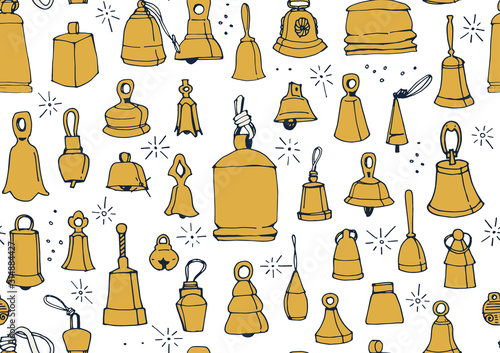 Seamless pattern with vintage bells on a white background. Hand drawn vector illustration.