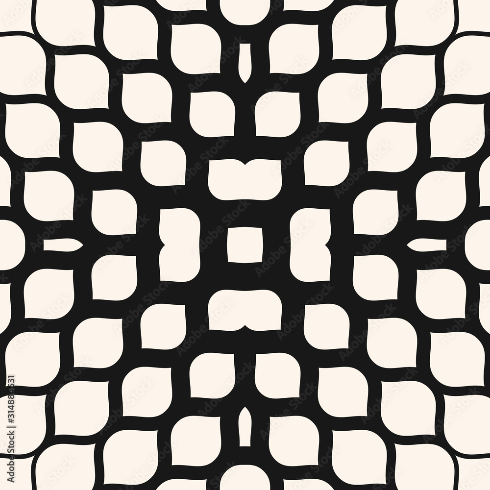 Vector halftone mesh texture. Abstract geometric seamless pattern with  gradient transition effect, grid, net, weave, lattice. Black and white  minimal repeat background. Monochrome design for decor Stock Vector