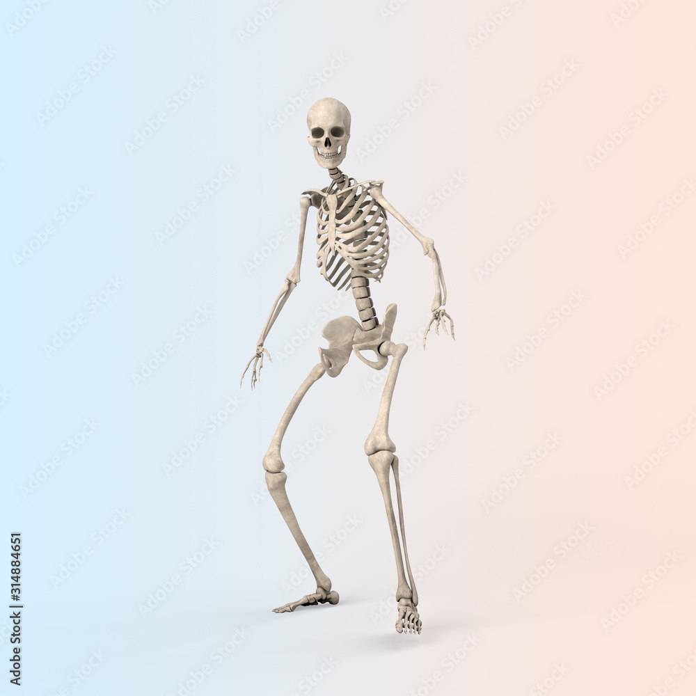 3d illustration of a frightened skeleton steps back against on color background 3d illustration of a frightened skeleton steps back against on color background