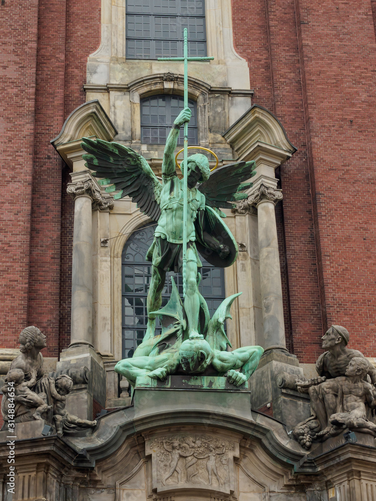 Archangel Michael on St. Michael's Church in Hamburg, Germany