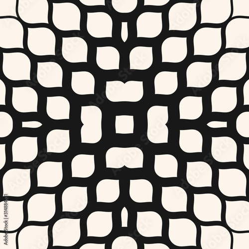 Vector halftone mesh texture. Abstract geometric seamless pattern with gradient transition effect, grid, net, weave, lattice. Black and white minimal repeat background. Monochrome design for decor