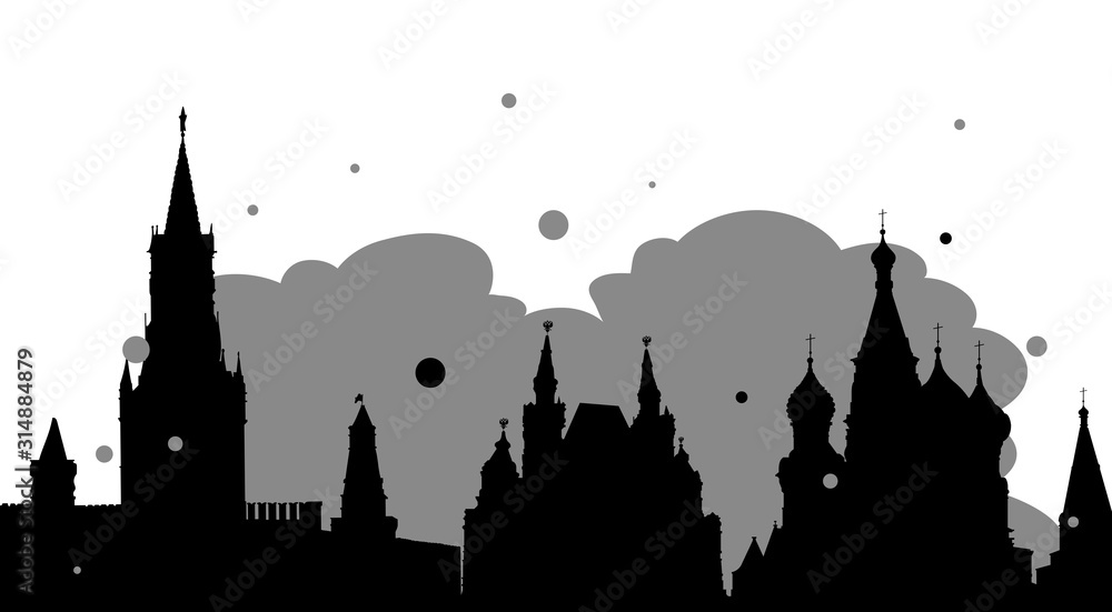 Silhouette illustration in black and white version of the red square in the city of hero Moscow