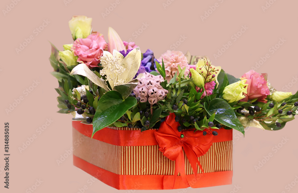 Flower arrangements. Beautiful bouquets for the holidays. Floral background, copy space. Valentines day gifts
