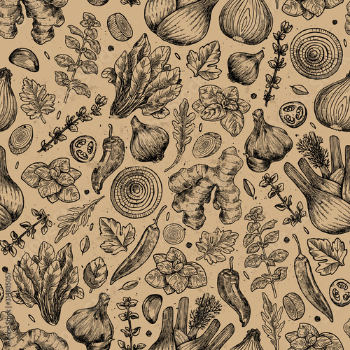 Kitchen herbs and spices seamless pattern. Ginger, spinach, onion, pepper, garlic, fennel, basil, oregano. Vector illustration
