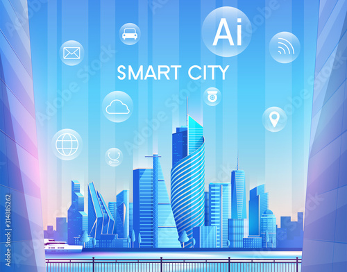 Urban landscape with icons, smart city flat design, social media communication Internet network connection city. Vector illustration