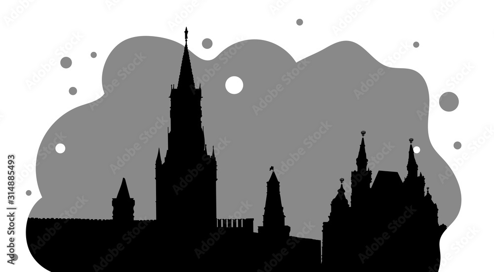 Silhouette stylization in black and white version of the Kremlin on red square