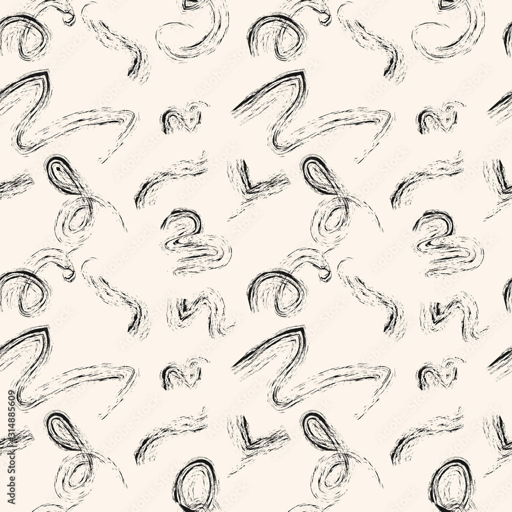 Fototapeta premium Vector seamless pattern with abstract hand drawn brush strokes. Black and white handdrawn texture. Creative graffiti background. Ink lines, swirls, splashes. Simple repeatable monochrome design