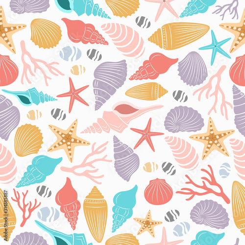 Sea life seamless pattern with shell and starfish of illustration