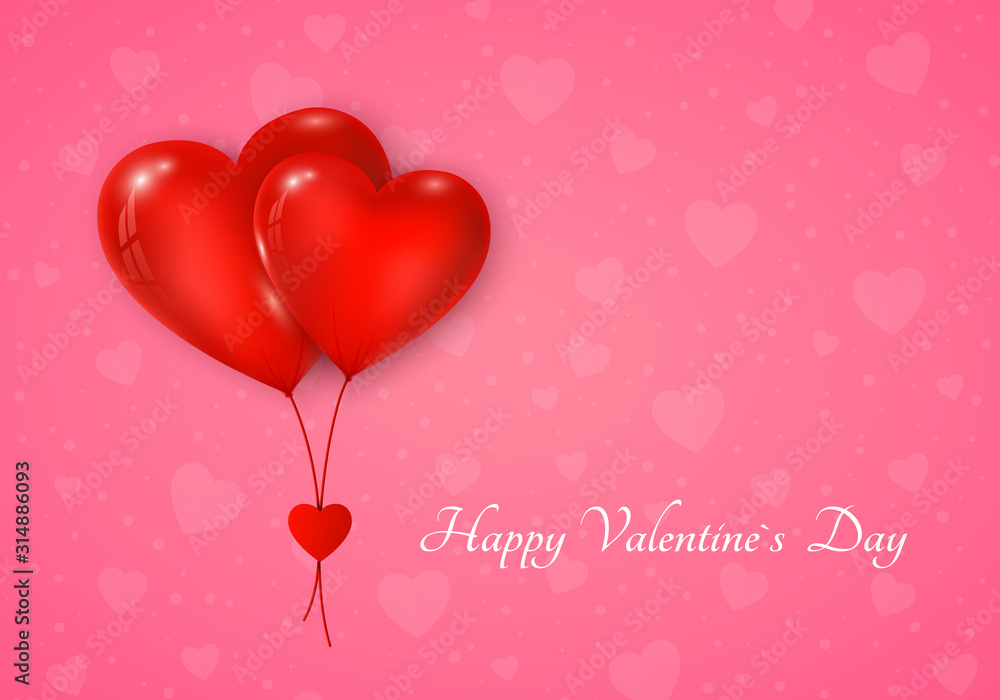 Couple of red hearts balloon with message. Valentines day greeting card on pink background. Vector illustration Couple of red hearts balloon with message. Valentines day greeting card on pink background. Vector illustration