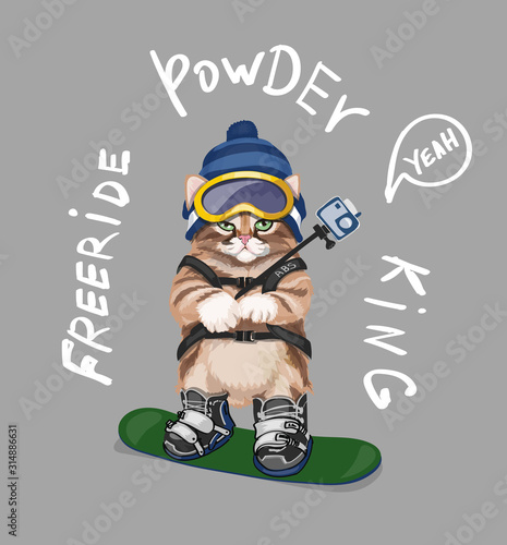 Cute cartoon cat on snowboard freeride slogan typography