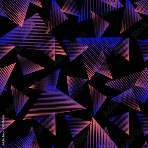 Abstract sport style seamless pattern. Bright colorful urban art background with neon geometric elements, triangles, lines, stripes, glow light, digital electronic art. Retro 80s - 90s fashion design