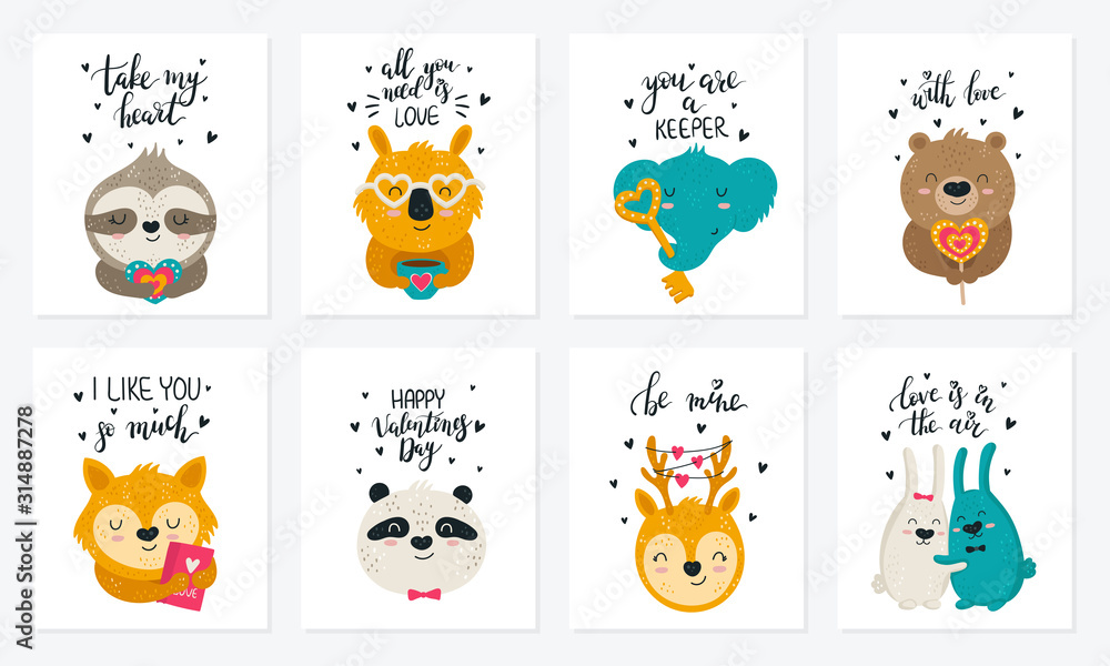 custom made wallpaper toronto digitalValentine's day. Vector hand drawing poster collection with cute animals and slogans.