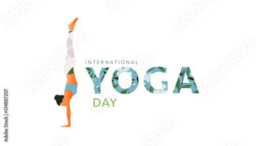 Woman practicing yoga exercise, yoga pose. Modern flat design concept of web page design or mobile website. International Yoga Day. Vector illustration