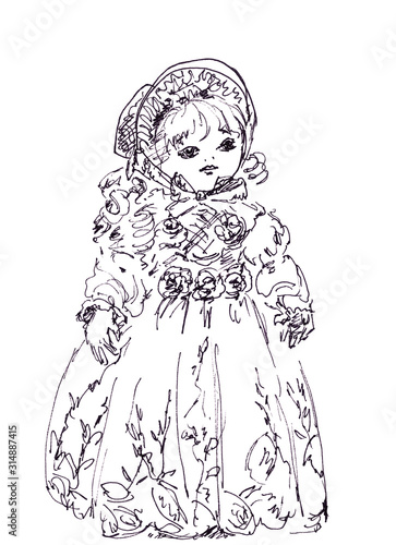 graphic black and white drawing old doll girl in a beautiful dress and hood