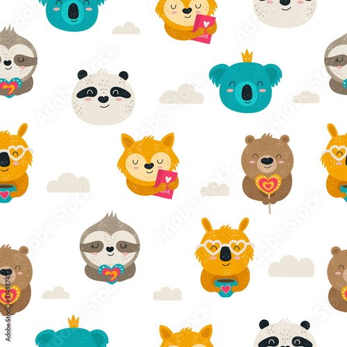 Vector seamless pattern with cute animals. Doodle background. Valentine s day