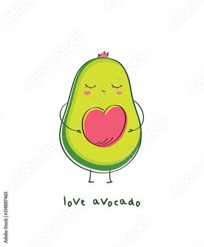 Cute avocado in love. Avocado half with pink heart. Happy Valentines day card. Vector.
