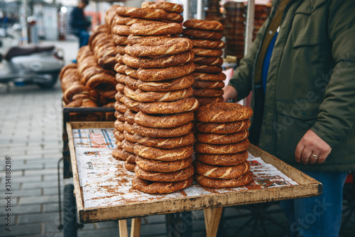 Photography Street sale of traditional Turkish food bagels Simit