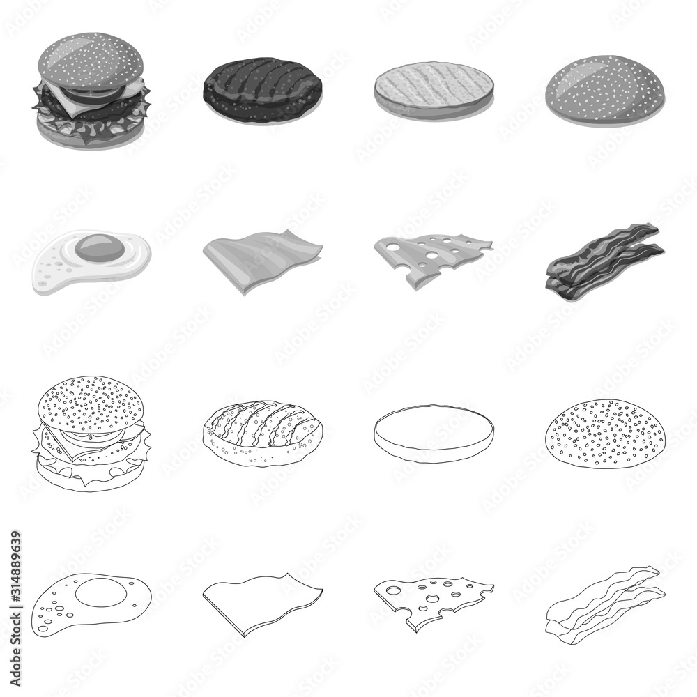 Vector illustration of burger and sandwich logo. Set of burger and slice stock vector illustration.