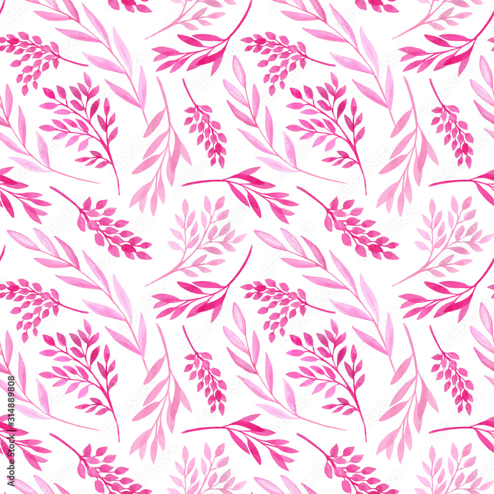 Watercolor pink leaves and tree branches seamless pattern. Hand drawn plants isolated on white background. Romantic texture for cards, wrapping, decoration, textile. Watercolor pink leaves and tree branches seamless pattern. Hand drawn plants isolated on white background. Romantic texture for cards, wrapping, decoration, textile.