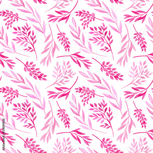 Watercolor pink leaves and tree branches seamless pattern. Hand drawn plants isolated on white background. Romantic texture for cards, wrapping, decoration, textile.