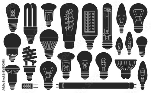 Light bulb black vector illustration on white background. Electric and energy lamp black vector set.Isolated vector icon light bulb.