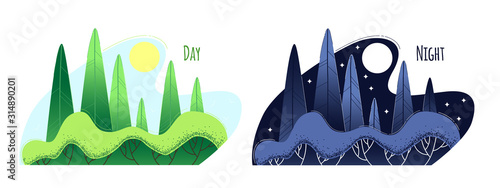 Parts of the day on the example of a forest landscape. Day and night. Vector flat illustration on isolated background