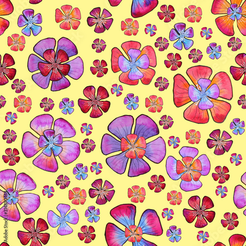 seamless pattern flowers leaves yellow red purple