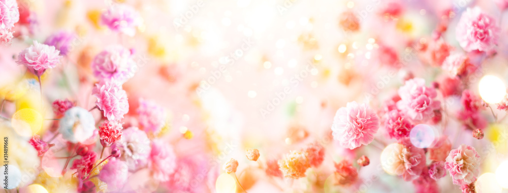 Spring floral composition made of fresh colorful flowers on light pastel background. Festive flower concept with copy space. - obrazy, fototapety, plakaty 