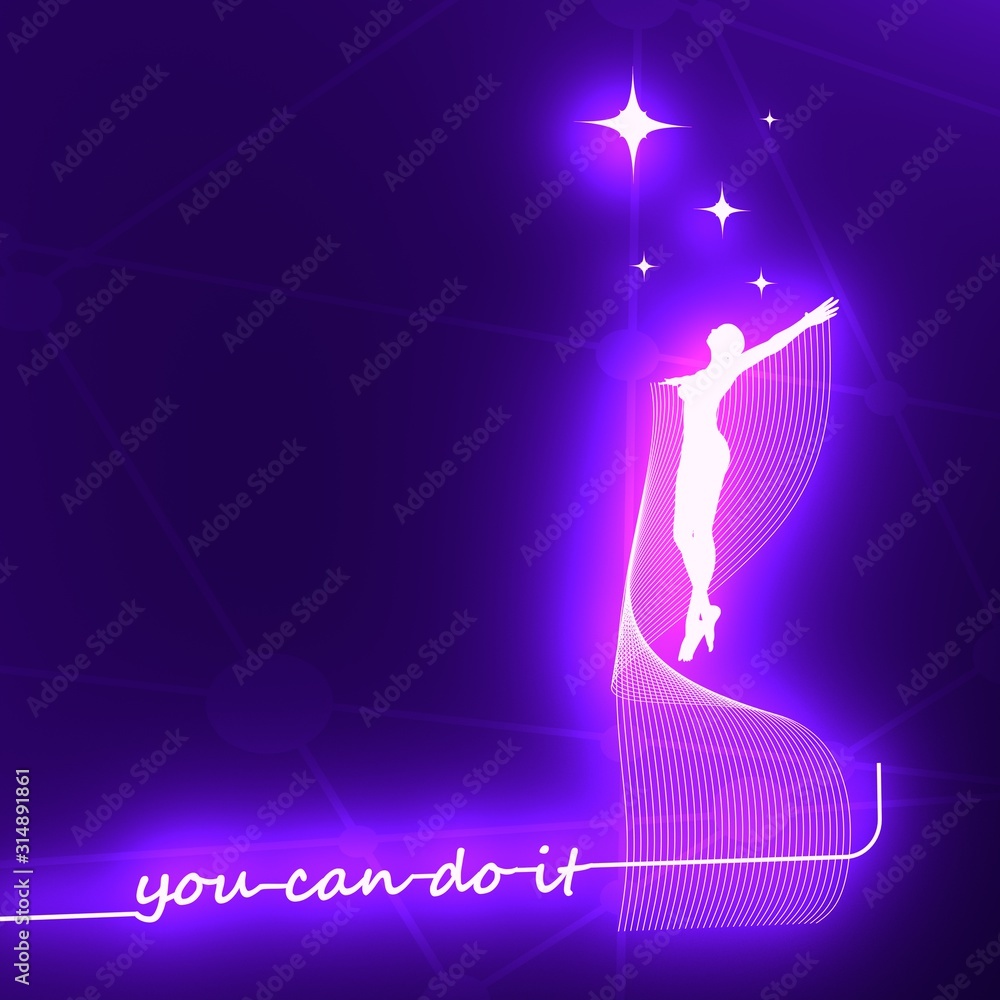 Freedom, happiness, woman, fly, love concept. Happy free woman jumping and flying concept sketch. You can do it. Motivation typography quote. 3D rendering. Neon shine