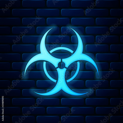 Glowing neon Biohazard symbol icon isolated on brick wall background. Vector Illustration
