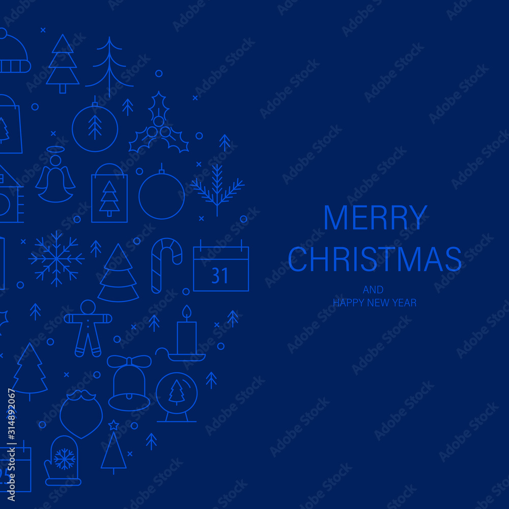 Christmas greeting card with gold  thin line icons, deep blue background.