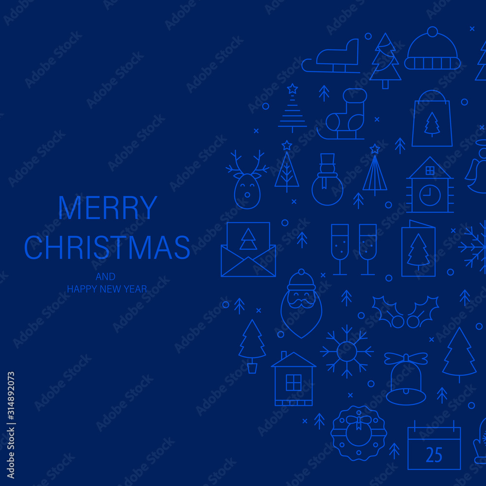 Christmas greeting card with gold  thin line icons, deep blue background.