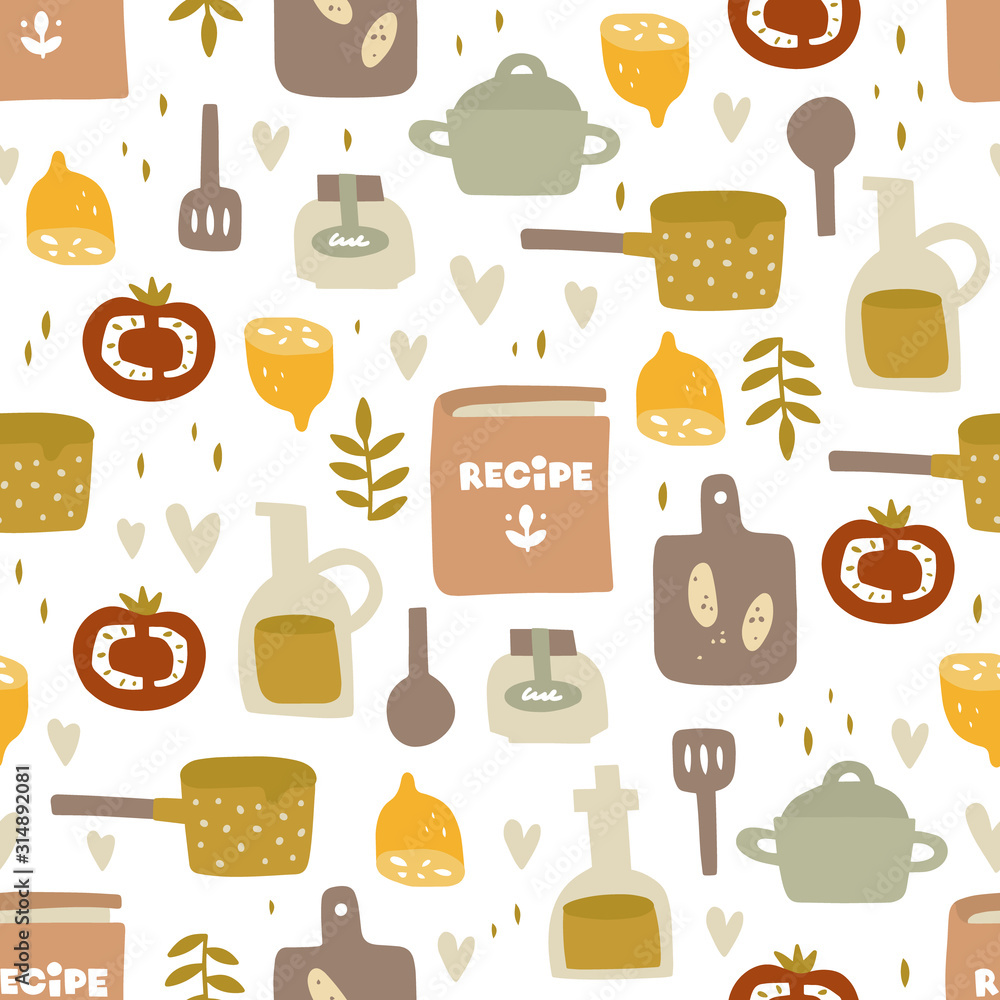 Hand drawn vector seamless pattern. Pan, cutting board with baguette, a bottle of olive oil, recipe book. Cooking, cozy recipes, healthy food, holidays. Background fill, wrapping paper in flat style. Hand drawn vector seamless pattern. Pan, cutting board with baguette, a bottle of olive oil, recipe book. Cooking, cozy recipes, healthy food, holidays. Background fill, wrapping paper in flat style.