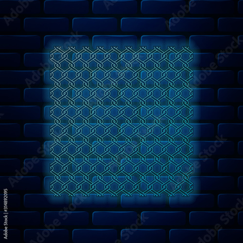 Glowing neon Chain Fence icon isolated on brick wall background. Metallic wire mesh pattern. Vector Illustration