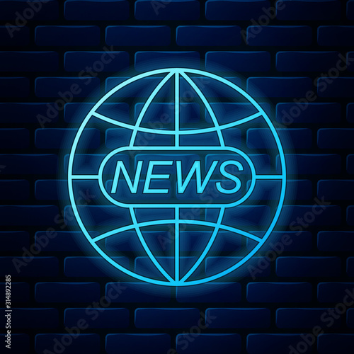 Glowing neon World and global news concept icon isolated on brick wall background. World globe symbol. News sign icon. Journalism theme, live news. Vector Illustration
