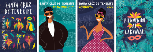 Set of Santa Cruz de Tenerife posters with dancing girls, leaves, Spanish text Bienvenido al Carnaval, Welcome to Carnival. Hand drawn vector illustration. Flat style design. Concept for flyer, banner