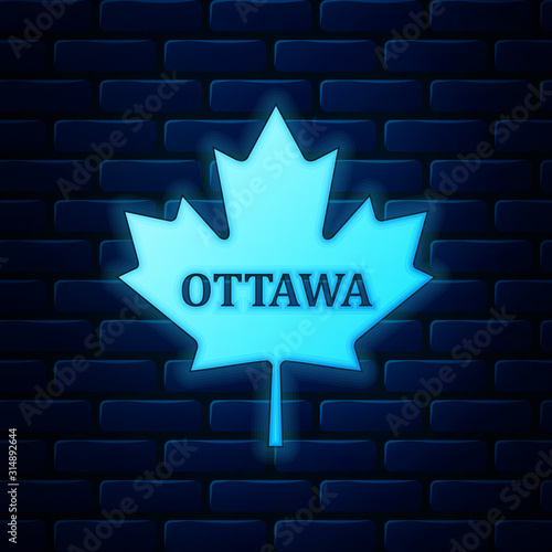 Glowing neon Canadian maple leaf with city name Ottawa icon isolated on brick wall background. Vector Illustration