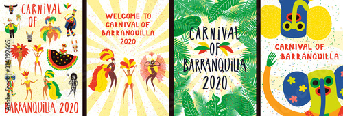 Set of Carnival of Barranquilla posters with dancing people in traditional costumes, animal masks, tropical leaves, text. Hand drawn vector illustration. Flat style design. Concept for flyer, banner.
