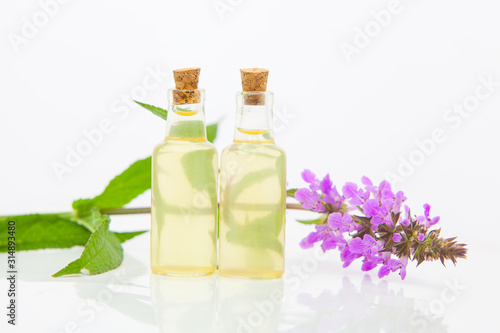 marsh woundwort essential oil in  beautiful bottle on White background