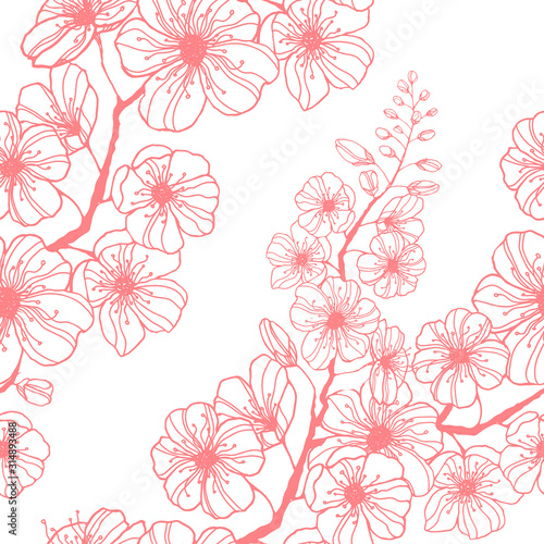 Stock vector seamless pattern with hand-drawn pink sakura branch. Ink illustration silhouette blooming cherry. Decorating Japanese spring holiday wrapping, stationery, bedline, wallpaper and fabric.