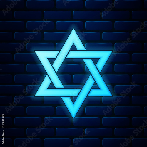 Glowing neon Star of David icon isolated on brick wall background. Jewish religion symbol. Vector Illustration