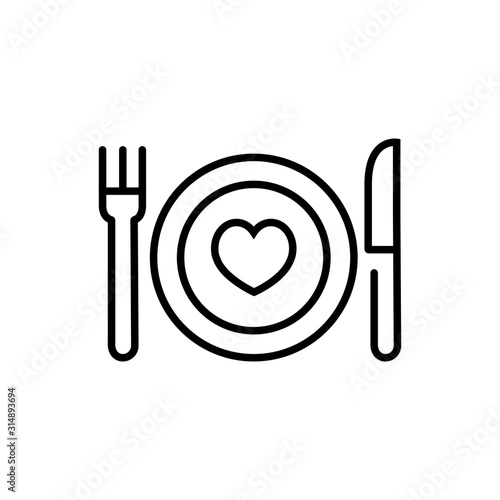 Conceptual eat healthy icon. Heart and dining plate sign. Concept eat well for your health symbol. Thin line icon on white background. Vector illustration.