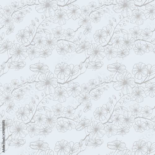 Stock vector seamless pattern with hand-drawn grey sakura branch. Ink illustration silhouette blooming cherry. Decorating Japanese spring holiday wrapping, stationery, bedline, wallpaper and fabric.