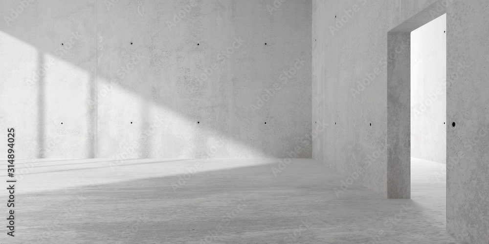 Abstract empty, modern concrete room with sun lighting and door opening in side wall - industrial interior background template, 3D illustration Abstract empty, modern concrete room with sun lighting and door opening in side wall - industrial interior background template, 3D illustration