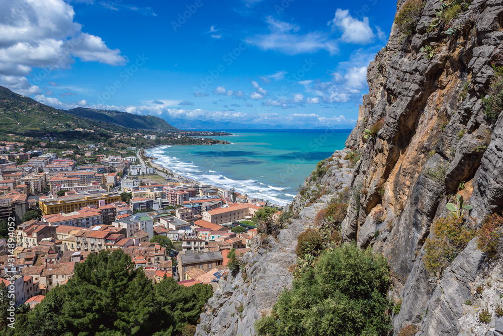 Aerial view from large massif rock above Old Town of Cefalu city located on the Tyrrhenian Sea on Sicily Island in Italy