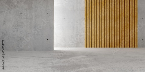 Abstract empty, modern concrete room with indirect lighting from side wall and wooden panel - industrial interior background template, 3D illustration photo